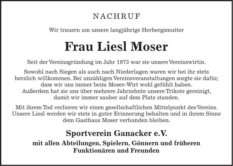 Traueranzeige Liesl Moser