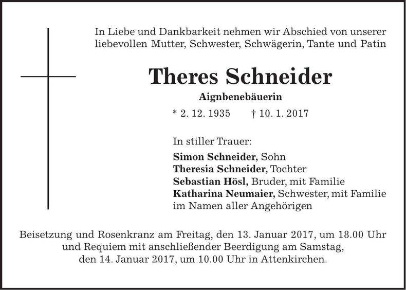 Traueranzeige Theres Schneider