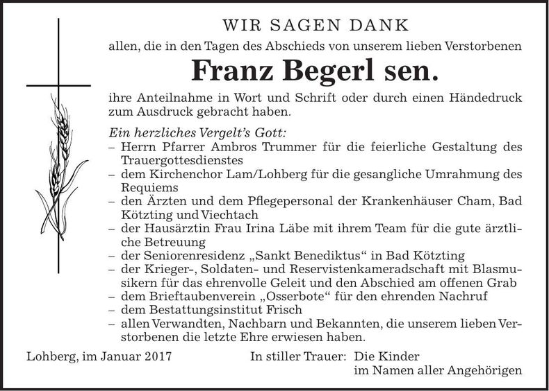 Traueranzeige Franz Begerl