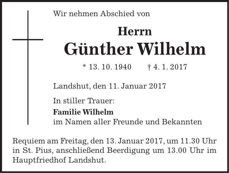 Traueranzeige Günther Wilhelm