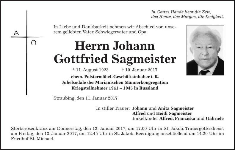 Traueranzeige Johann Gottfried Sagmeister