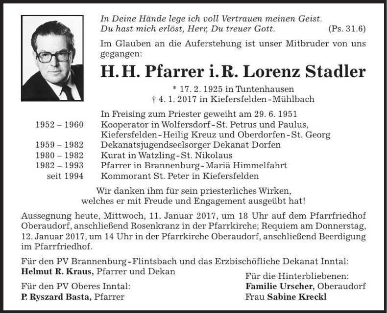 Traueranzeige Lorenz Stadler