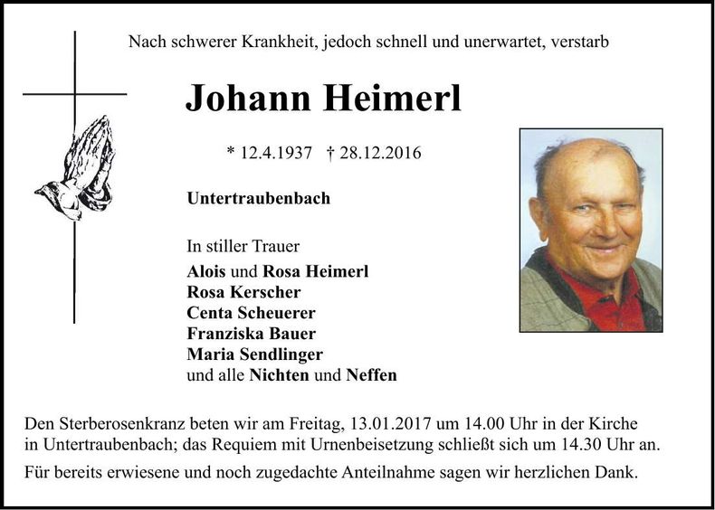Traueranzeige Johann Heimerl
