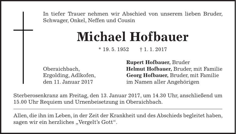 Traueranzeige Michael Hofbauer
