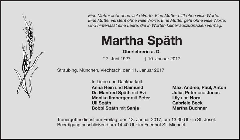 Traueranzeige Martha Späth
