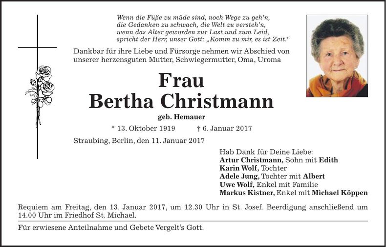 Traueranzeige Bertha Christmann
