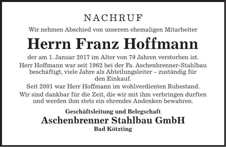 Traueranzeige Franz Hoffmann