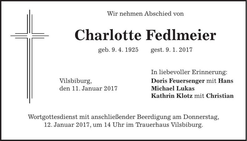 Traueranzeige Charlotte Fedlmeier