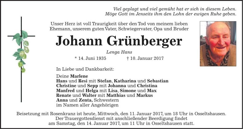 Traueranzeige Johann Grünberger