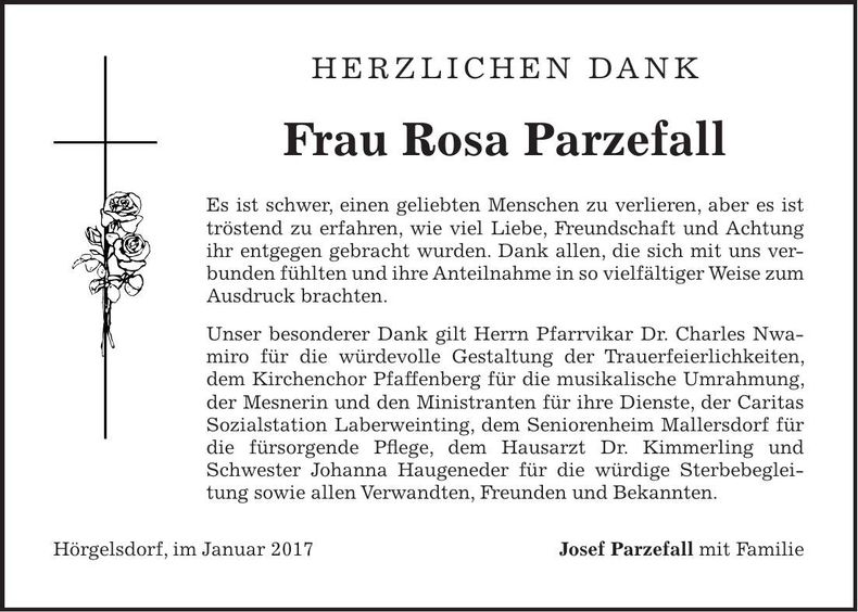 Traueranzeige Rosa Parzefall