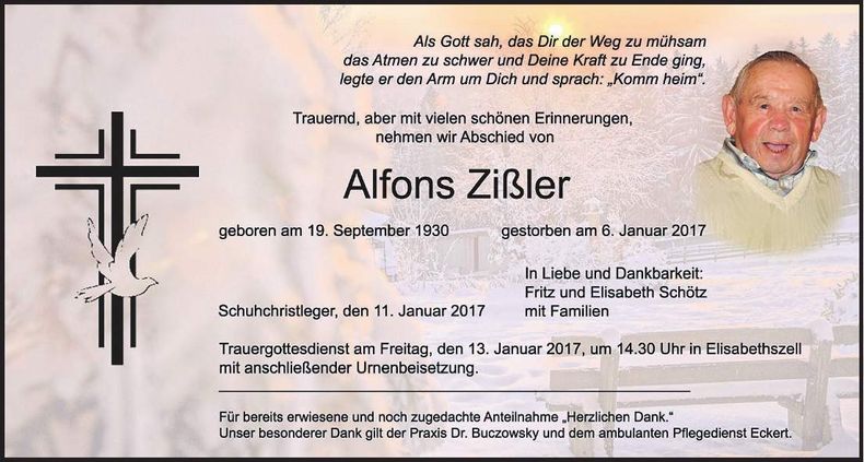 Traueranzeige Alfons Zißler
