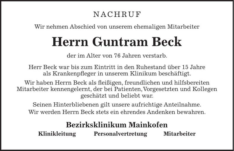 Traueranzeige Guntram Beck
