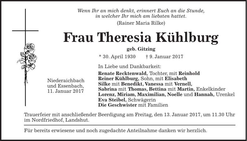 Traueranzeige Theresia Kühlburg
