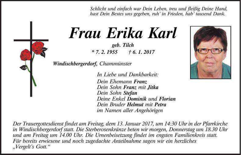 Traueranzeige Erika Karl