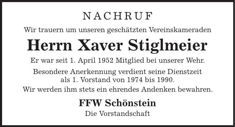 Traueranzeige Xaver Stiglmeier