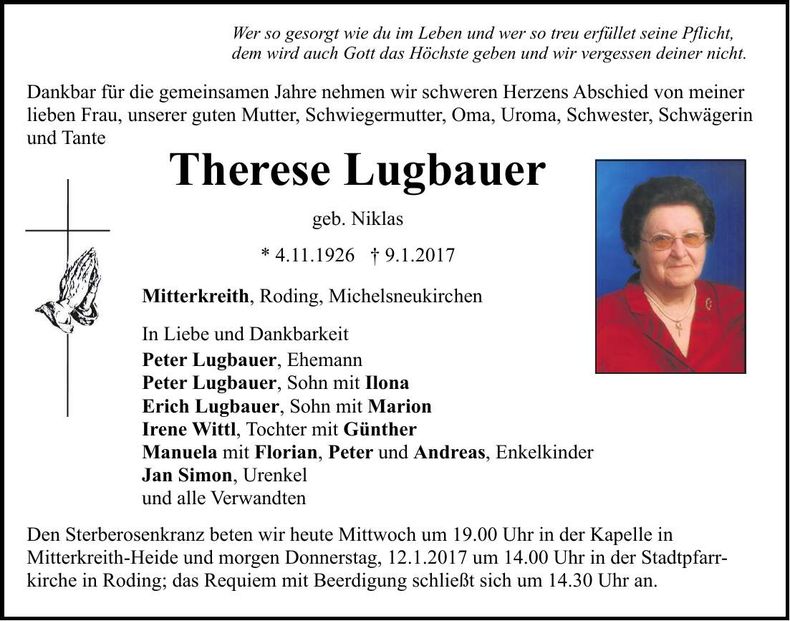 Traueranzeige Therese Lugbauer