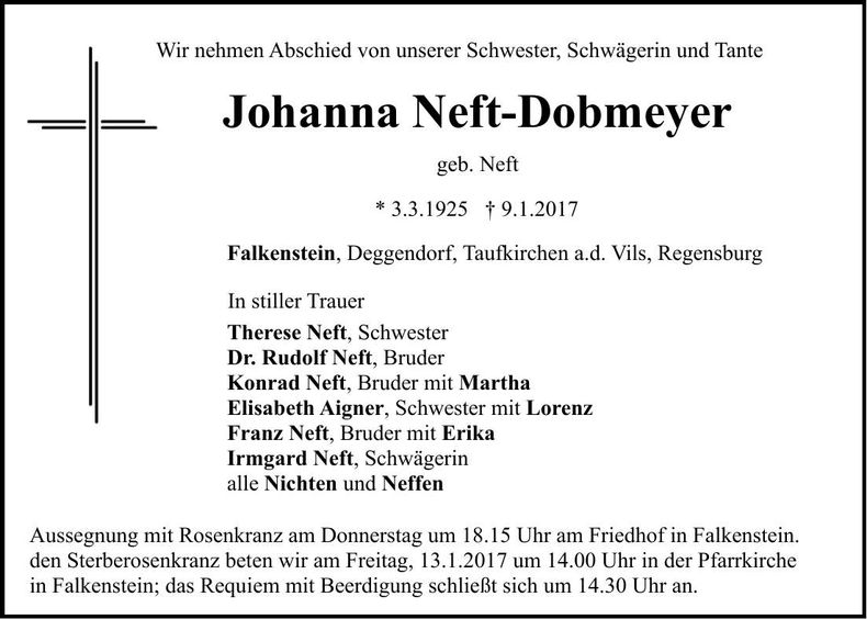 Traueranzeige Johanna Neft-Dobmeyer