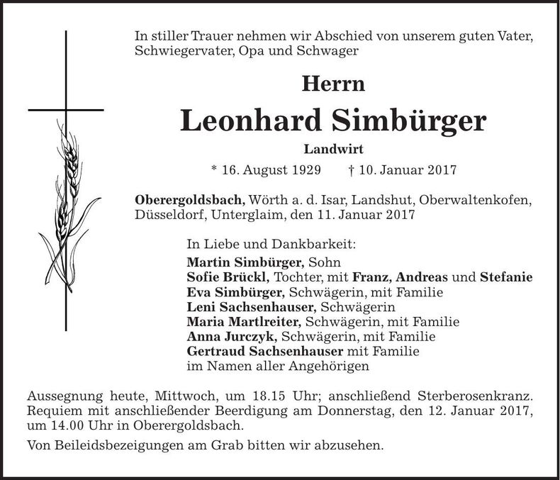 Traueranzeige Leonhard Simbürger