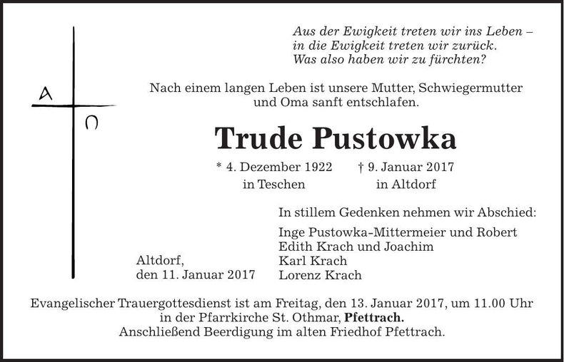 Traueranzeige Trude Pustowka