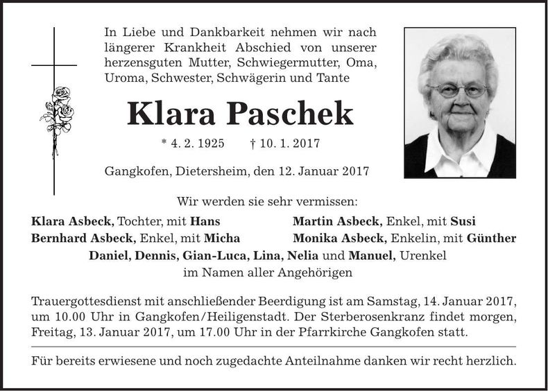 Traueranzeige Klara Paschek