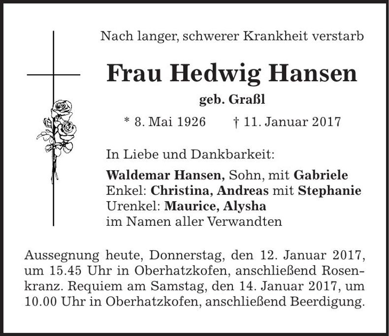 Traueranzeige Hedwig Hansen