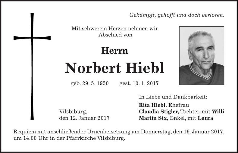 Traueranzeige Norbert Hiebl