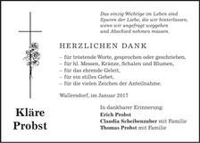 Traueranzeige Kläre Probst