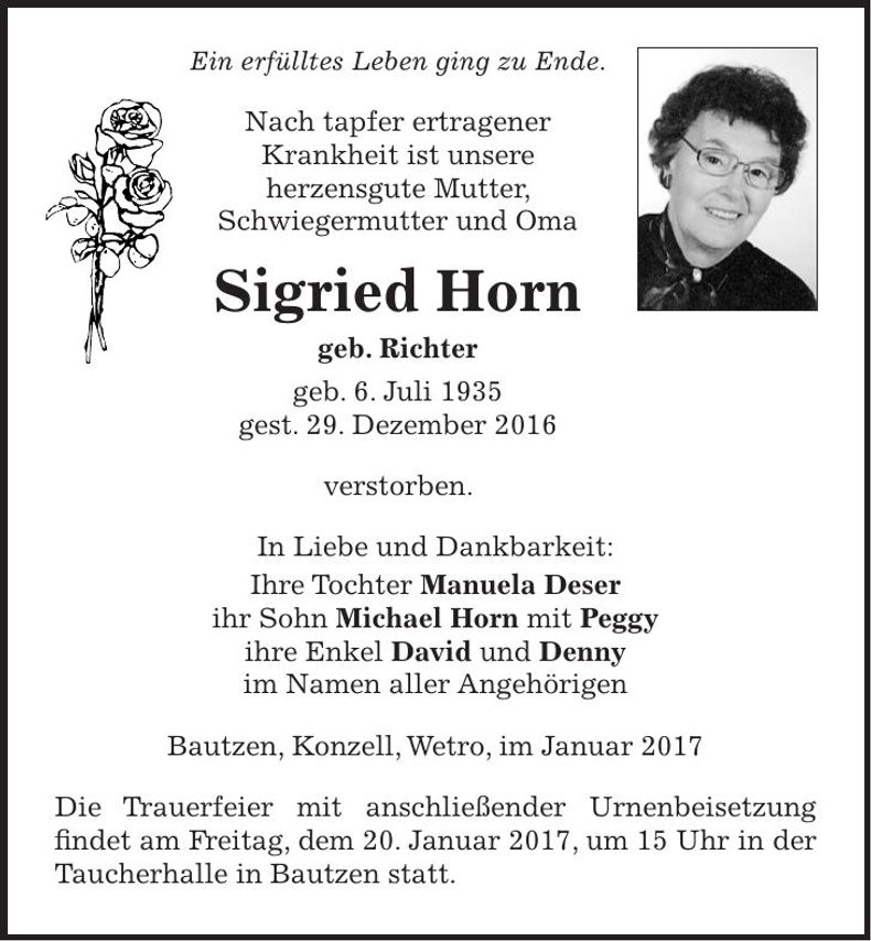 Traueranzeige Sigried Horn