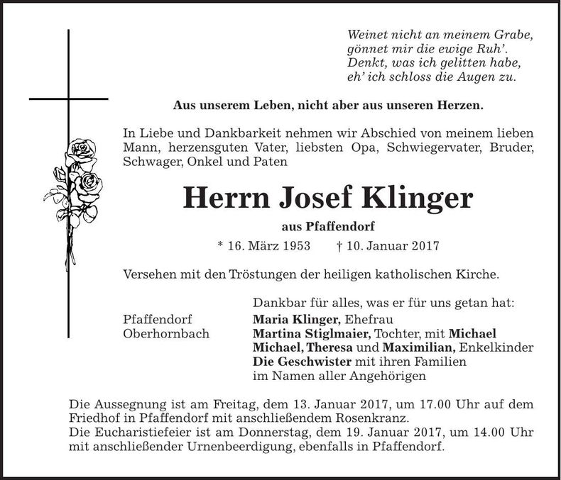 Traueranzeige Josef Klinger
