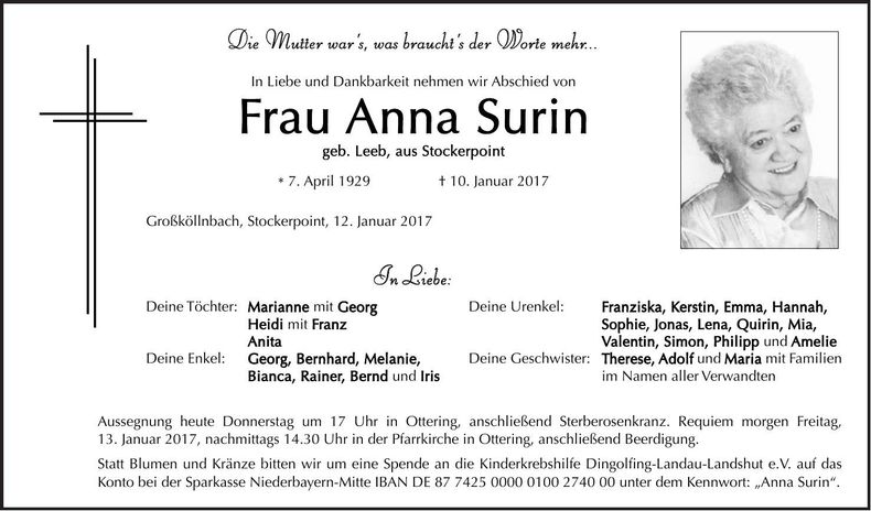 Traueranzeige Anna Surin