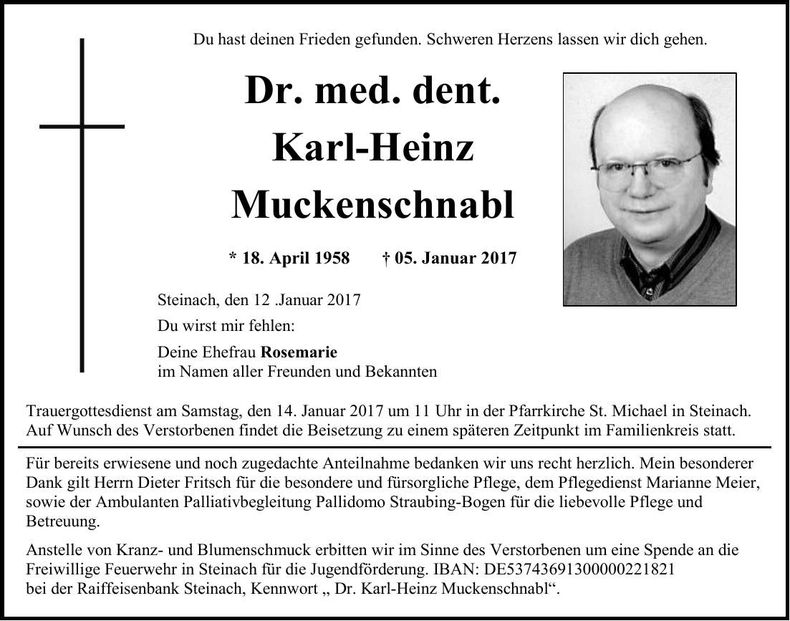 Traueranzeige Dr. med. dent. Karl-Heinz Muckenschnabl