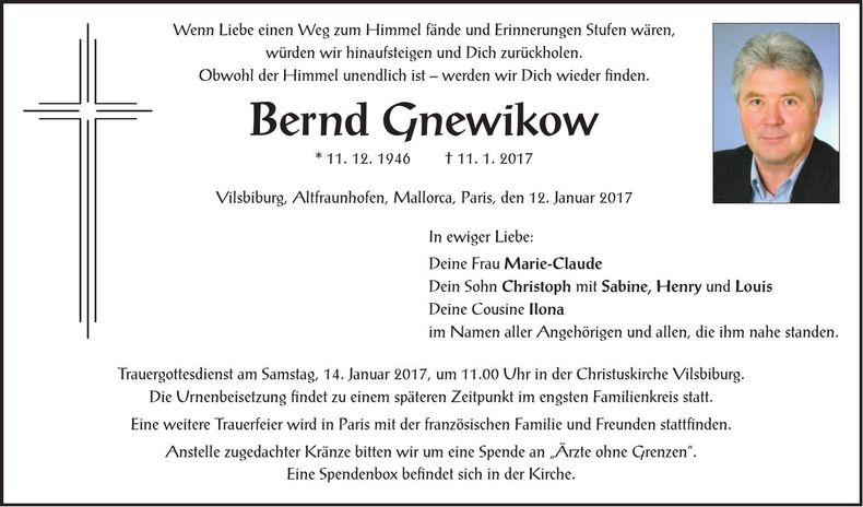 Traueranzeige Bernd Gnewikow