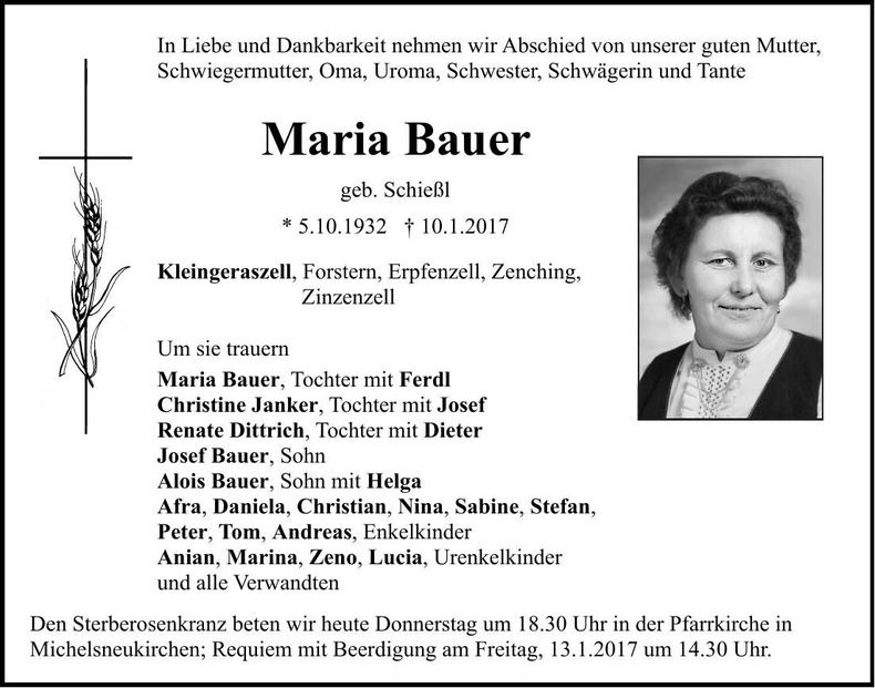 Traueranzeige Maria Bauer