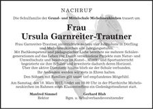 Traueranzeige Ursula Garnreiter-Trautner