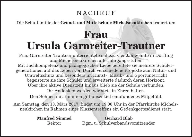 Traueranzeige Ursula Garnreiter-Trautner