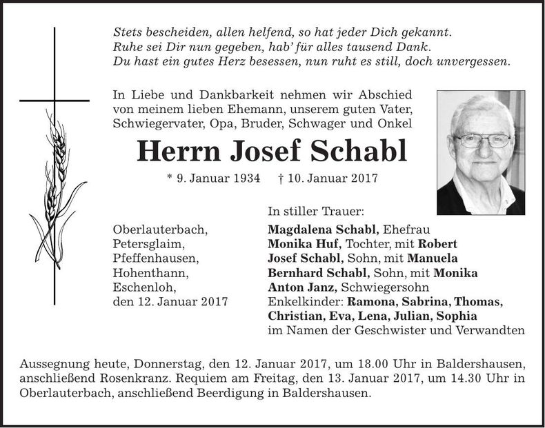 Traueranzeige Josef Schabl
