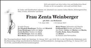 Traueranzeige Weinberger Zenta