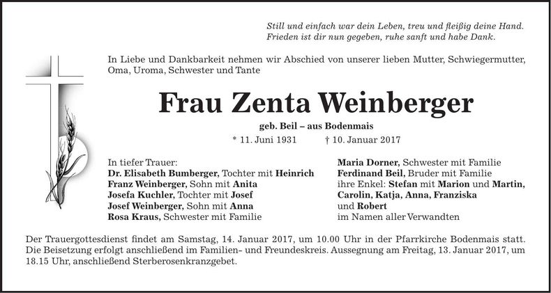 Traueranzeige Weinberger Zenta