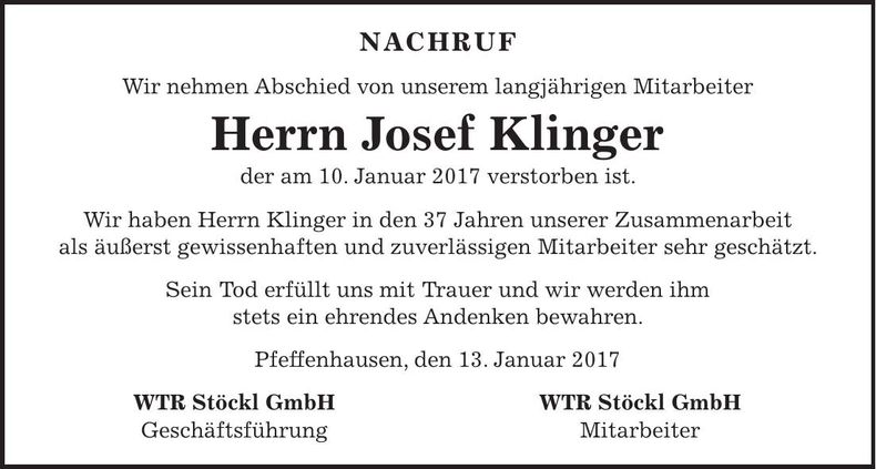 Traueranzeige Josef Klinger