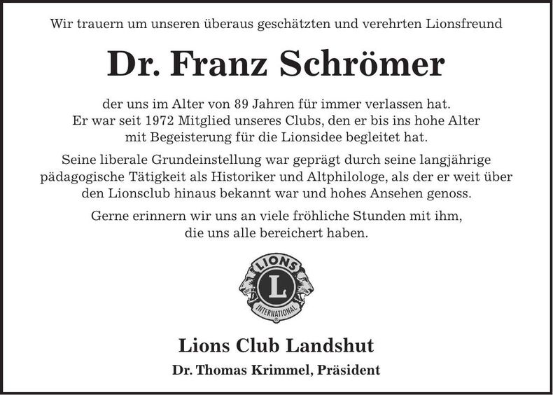 Traueranzeige Franz Schrömer
