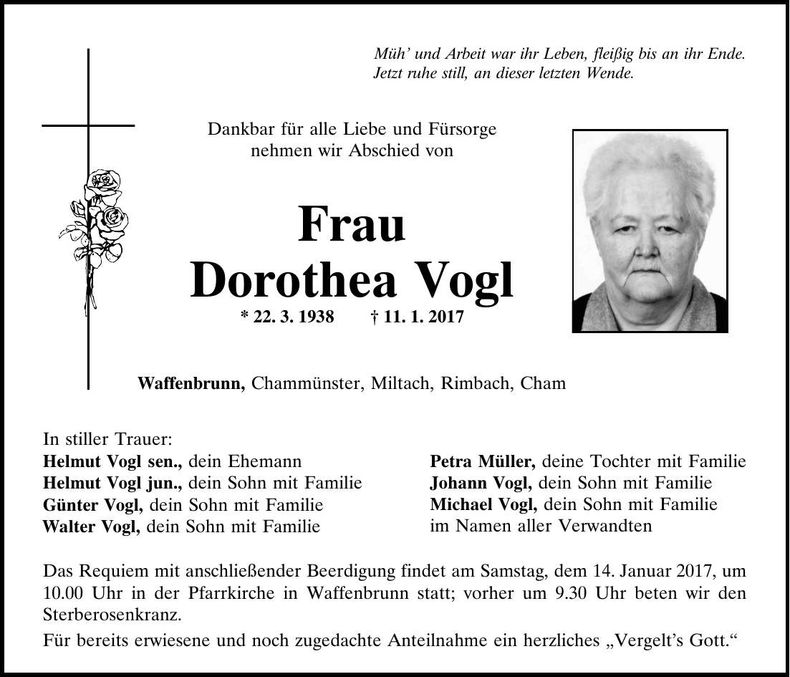 Traueranzeige Dorothea Vogl