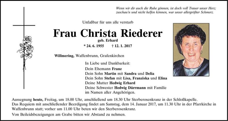 Traueranzeige Christa Riederer