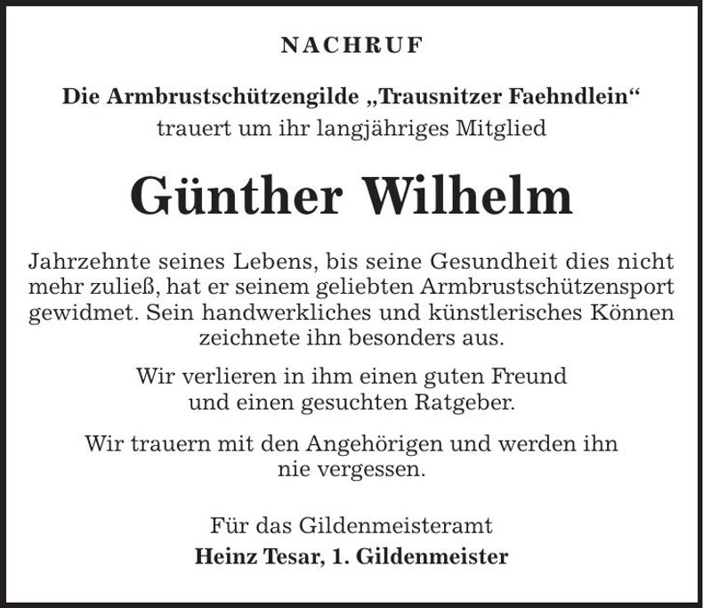 Traueranzeige Günther Wilhelm