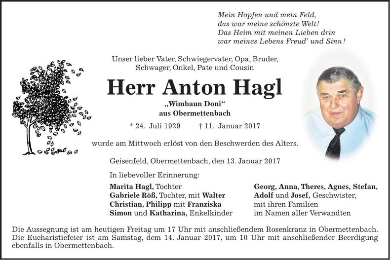 Traueranzeige Anton Hagl