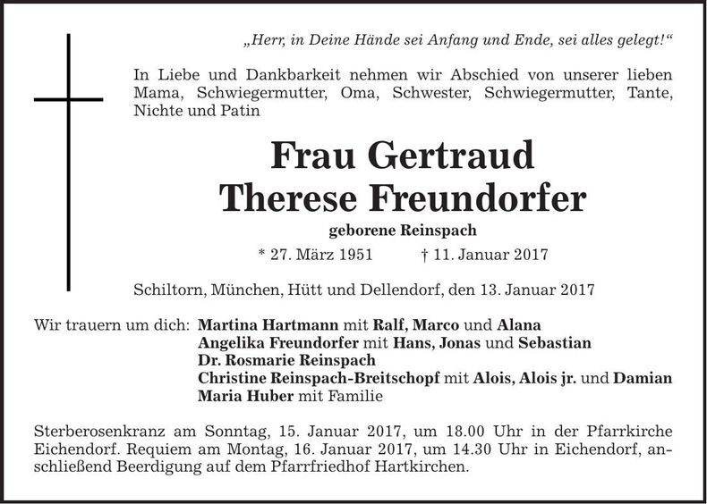 Traueranzeige Gertraud Therese Freundorfer
