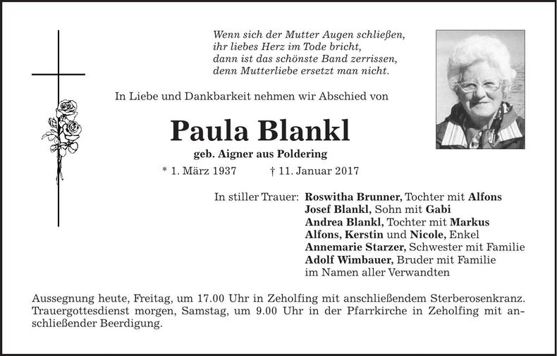 Traueranzeige Paula Blankl
