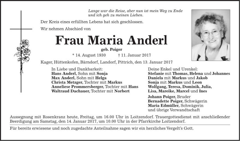 Traueranzeige Maria Anderl
