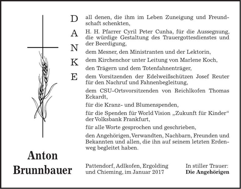 Traueranzeige Anton Brunnbauer