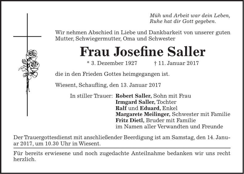 Traueranzeige Josefine Saller