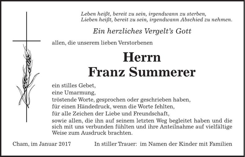 Traueranzeige Franz Summerer
